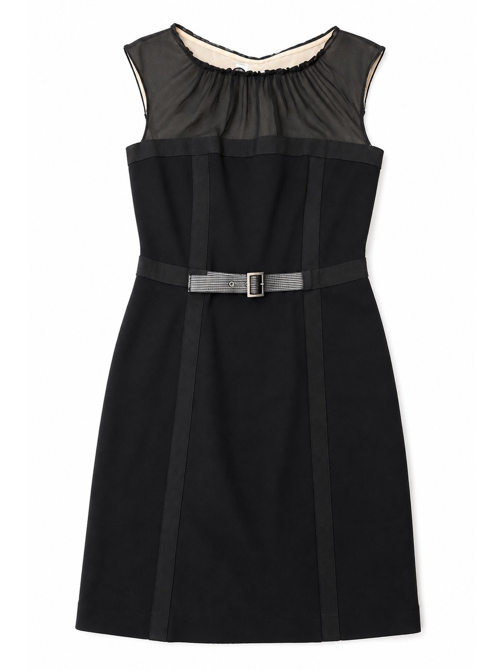 Alberta Ferretti Black Sheath Dress with Sheer Gathered Yoke, Belted Waist, and